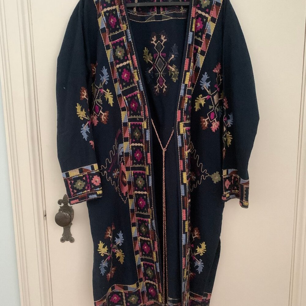 Zara Embroidered Duster Coat With Tassel Ties